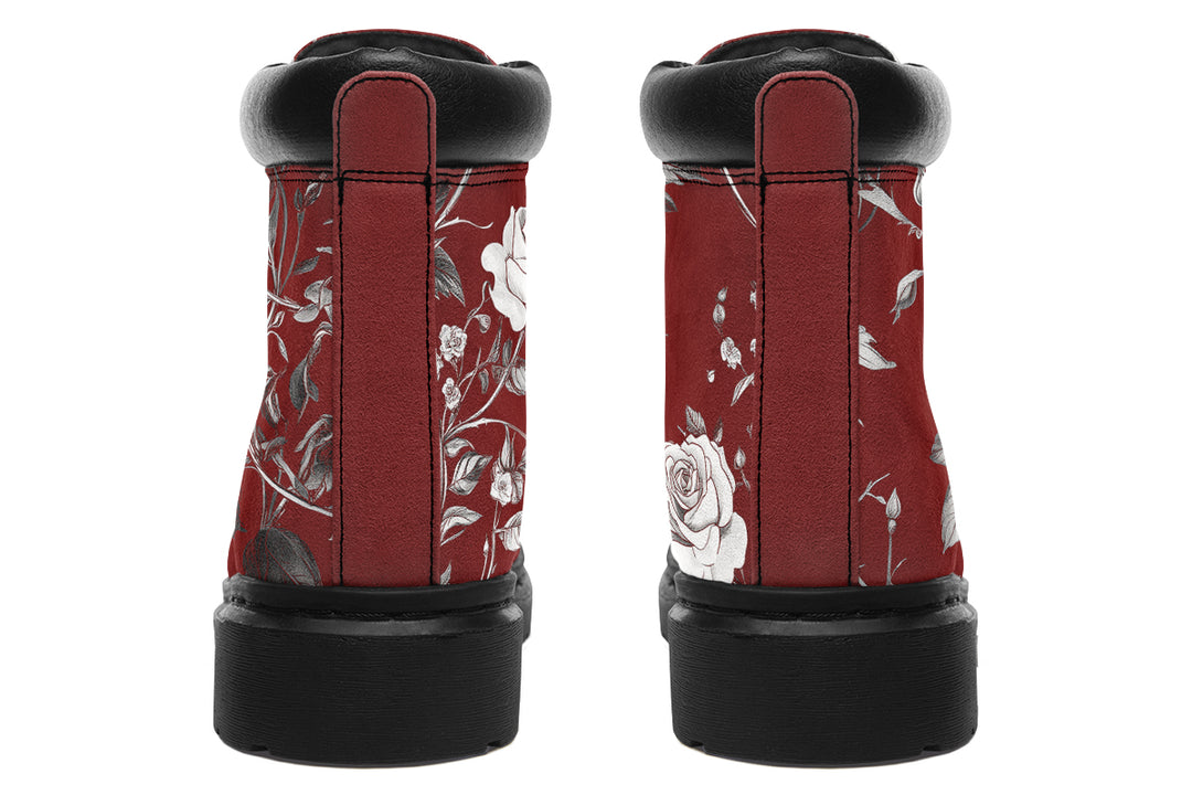 Red Rose Romance Classic Boots - High Quality Micro-Suede Weatherproof Vegan Shoes with Stitched on Soles