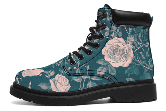 Teal Rose Romance Classic Boots - High Quality Micro-Suede Weatherproof Vegan Shoes with Stitched on Soles