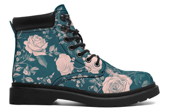 Teal Rose Romance Classic Boots - High Quality Micro-Suede Weatherproof Vegan Shoes with Stitched on Soles