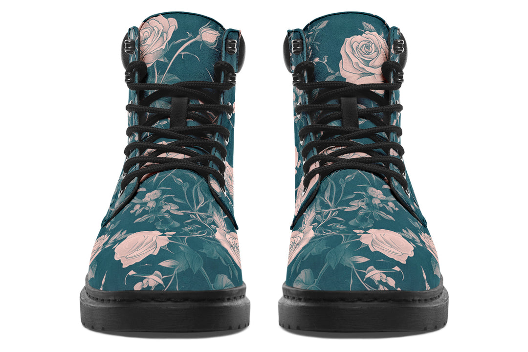 Teal Rose Romance Classic Boots - High Quality Micro-Suede Weatherproof Vegan Shoes with Stitched on Soles