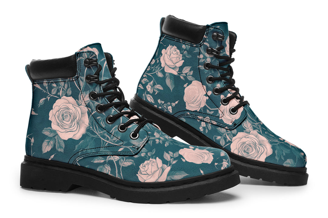 Teal Rose Romance Classic Boots - High Quality Micro-Suede Weatherproof Vegan Shoes with Stitched on Soles