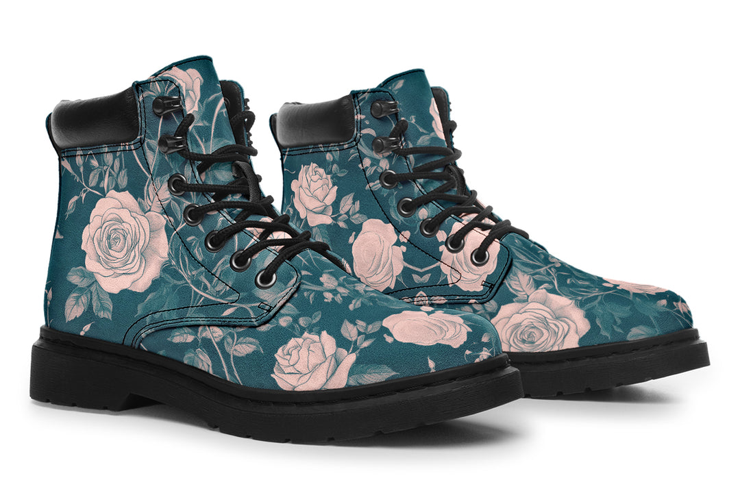 Teal Rose Romance Classic Boots - High Quality Micro-Suede Weatherproof Vegan Shoes with Stitched on Soles