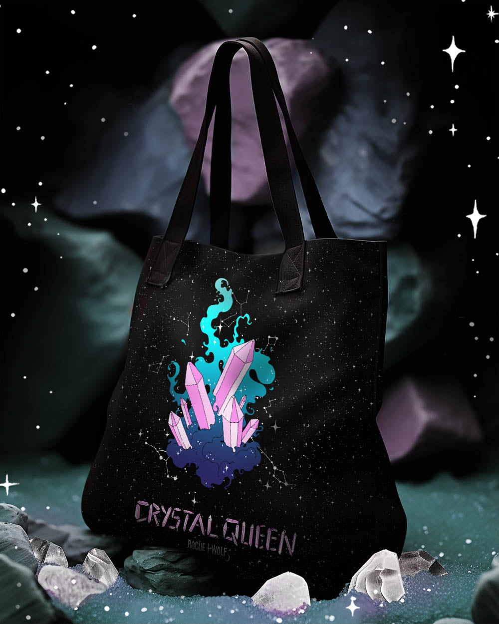 Crystal Queen Cotton Vegan Tote Bag - Witchy Goth Large Foldable & Reusable Bag for Travel Work Gym Grocery Cool Gothic Gifts