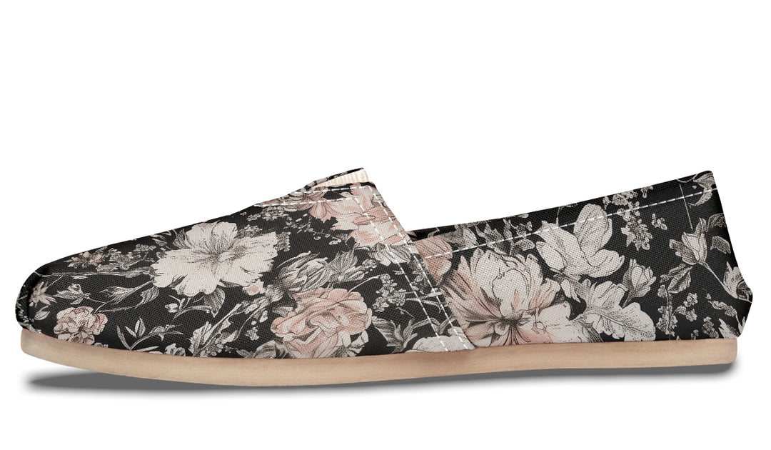 Vintage Peonies Espadrilles - Lightweight Canvas Slip-Ons with Elastic V for Easy Comfort