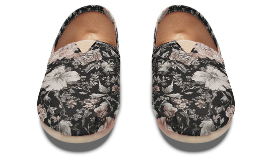 Vintage Peonies Espadrilles - Lightweight Canvas Slip-Ons with Elastic V for Easy Comfort