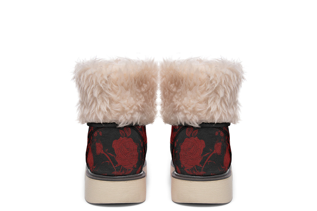 Blood Rose Romance Fold Over Winter Boots - Microsuede Vegan Boots with Fur Lining and Convertible Style