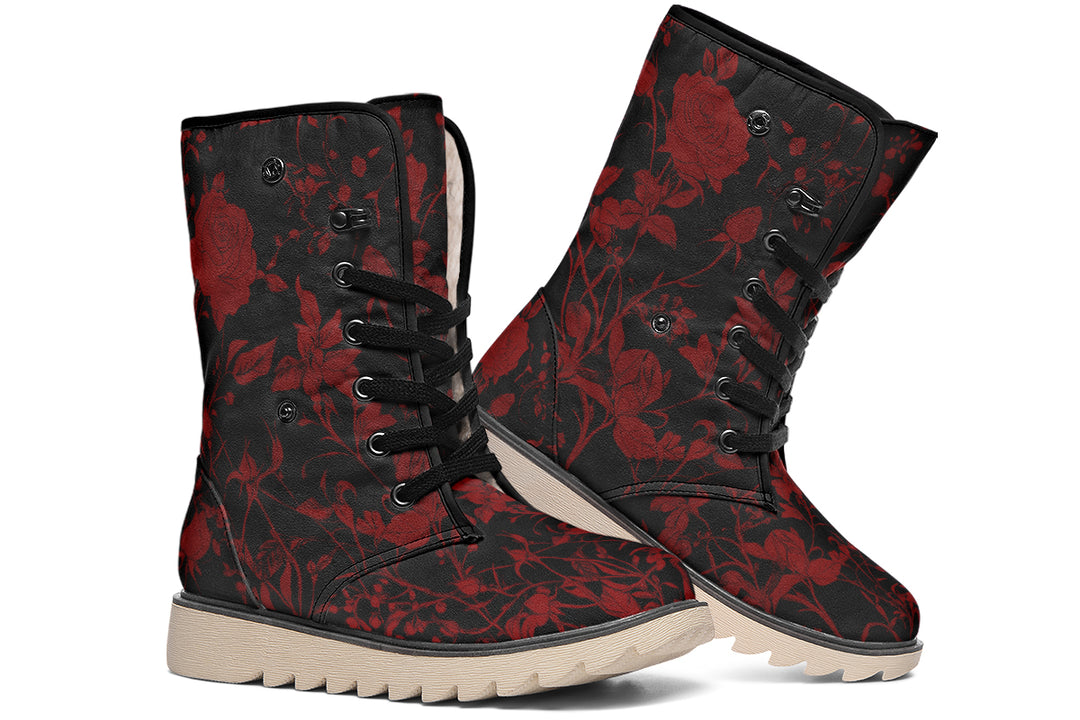 Blood Rose Romance Fold Over Winter Boots - Microsuede Vegan Boots with Fur Lining and Convertible Style