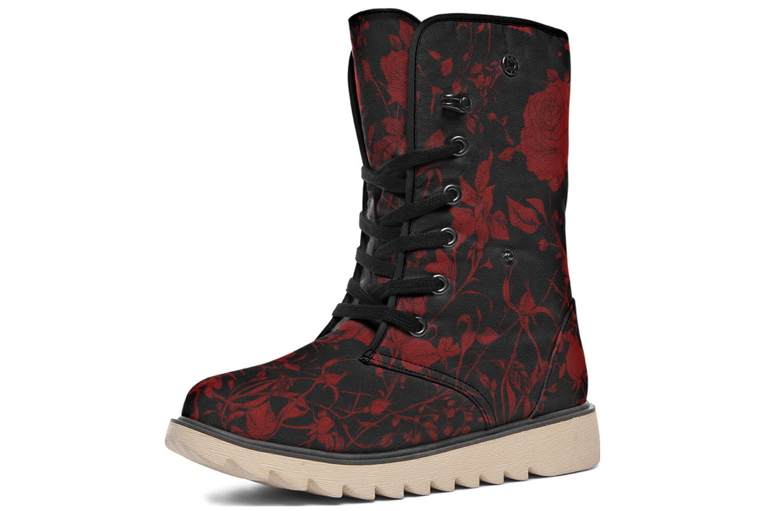 Blood Rose Romance Fold Over Winter Boots - Microsuede Vegan Boots with Fur Lining and Convertible Style