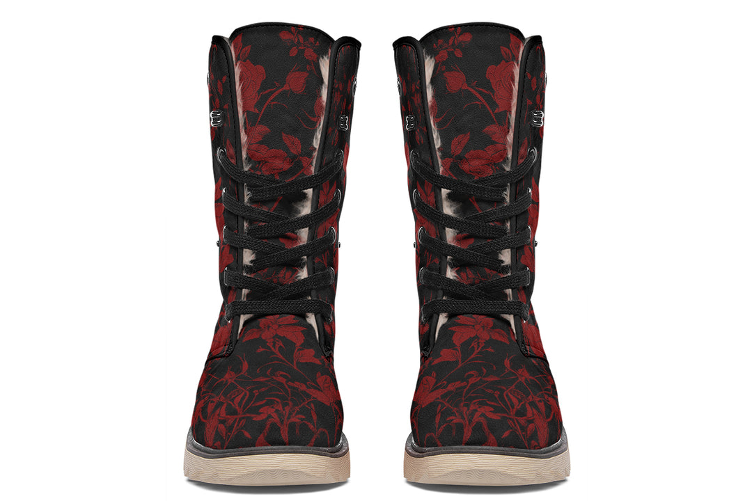 Blood Rose Romance Fold Over Winter Boots - Microsuede Vegan Boots with Fur Lining and Convertible Style