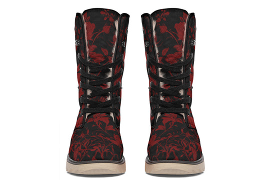 Blood Rose Romance Fold Over Winter Boots - Microsuede Vegan Boots with Fur Lining and Convertible Style