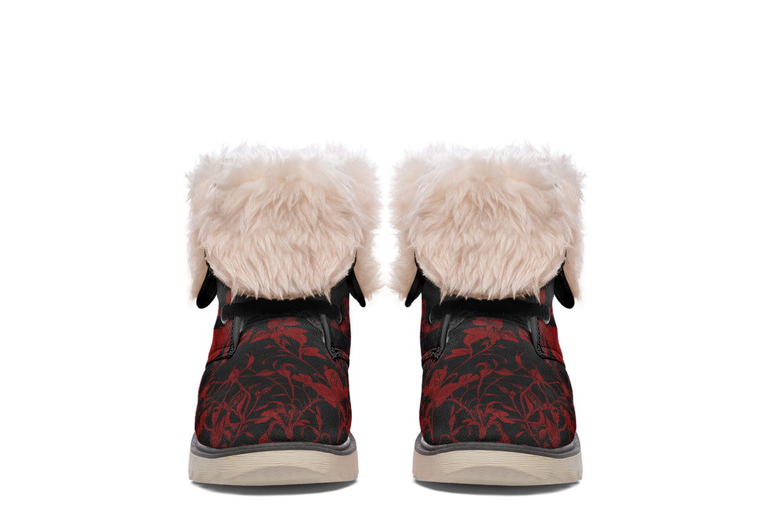 Blood Rose Romance Fold Over Winter Boots - Microsuede Vegan Boots with Fur Lining and Convertible Style