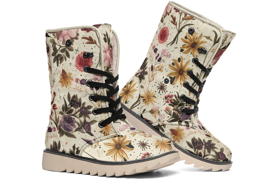 Enchanted Blossoms Fold Over Winter Boots - Microsuede Vegan Boots with Fur Lining and Convertible Style