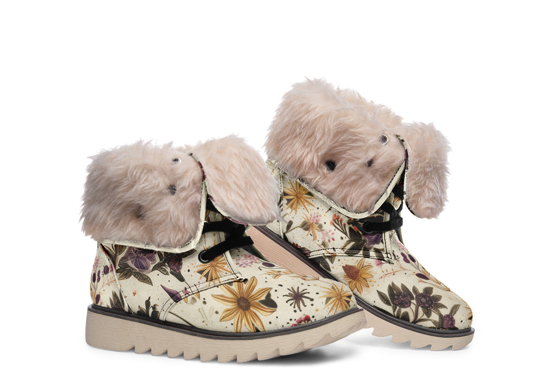 Enchanted Blossoms Fold Over Winter Boots - Microsuede Vegan Boots with Fur Lining and Convertible Style