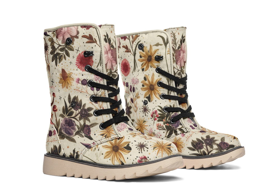 Enchanted Blossoms Fold Over Winter Boots - Microsuede Vegan Boots with Fur Lining and Convertible Style