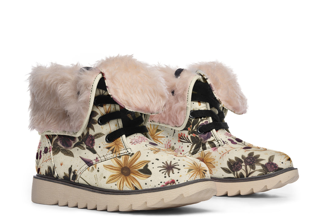 Enchanted Blossoms Fold Over Winter Boots - Microsuede Vegan Boots with Fur Lining and Convertible Style