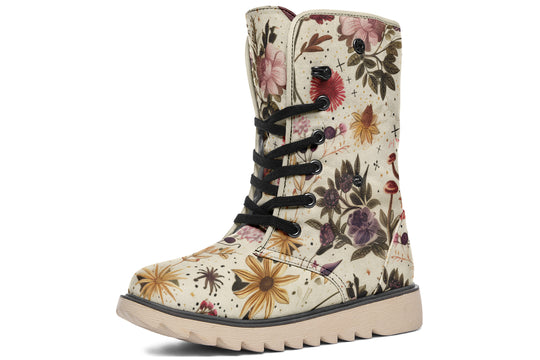 Enchanted Blossoms Fold Over Winter Boots - Microsuede Vegan Boots with Fur Lining and Convertible Style