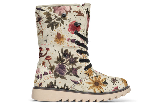 Enchanted Blossoms Fold Over Winter Boots - Microsuede Vegan Boots with Fur Lining and Convertible Style