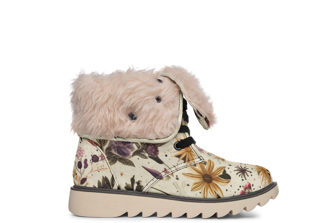 Enchanted Blossoms Fold Over Winter Boots - Microsuede Vegan Boots with Fur Lining and Convertible Style