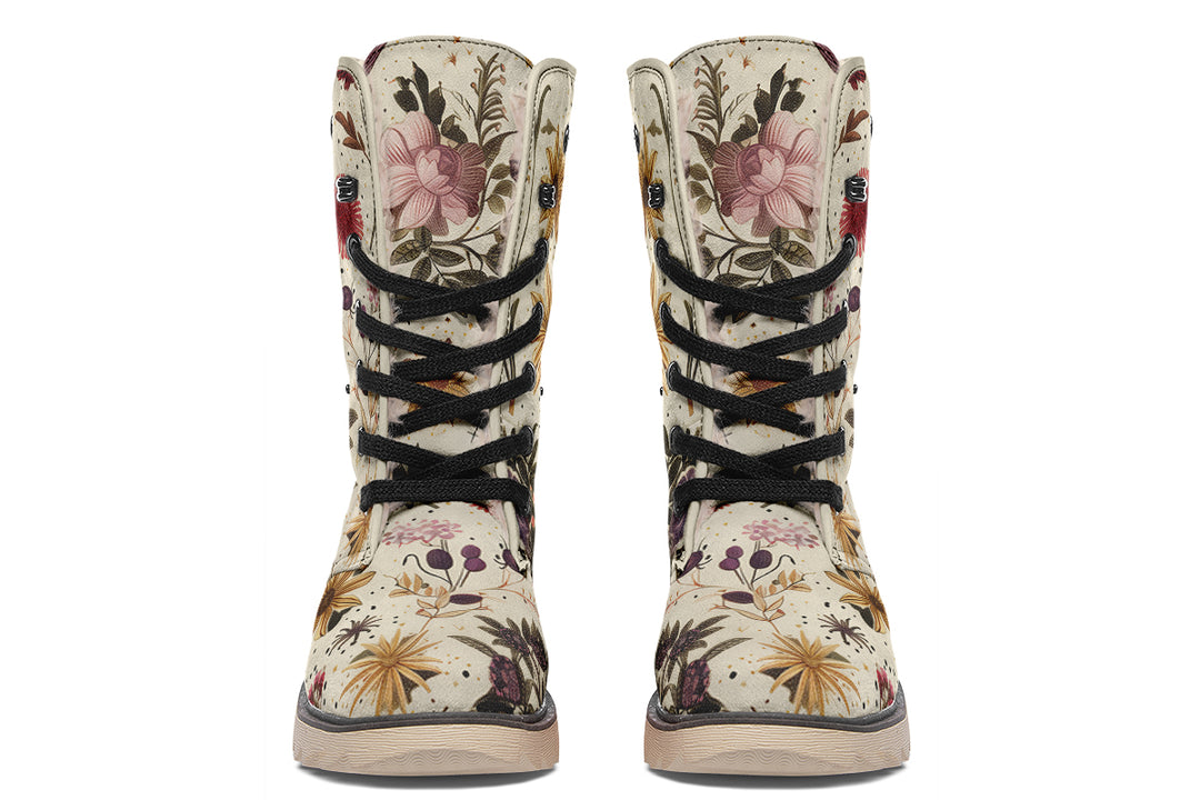 Enchanted Blossoms Fold Over Winter Boots - Microsuede Vegan Boots with Fur Lining and Convertible Style