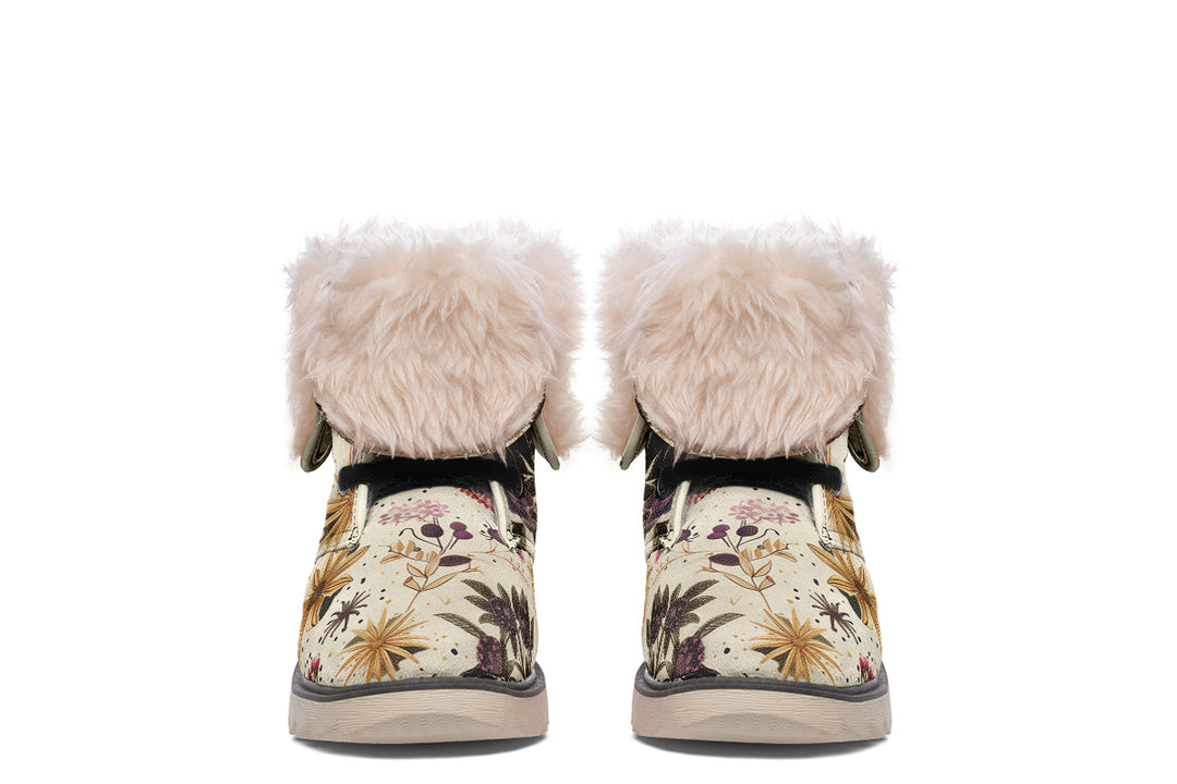 Enchanted Blossoms Fold Over Winter Boots - Microsuede Vegan Boots with Fur Lining and Convertible Style