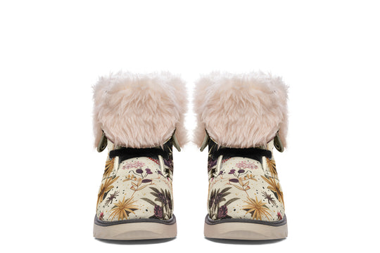 Enchanted Blossoms Fold Over Winter Boots - Microsuede Vegan Boots with Fur Lining and Convertible Style