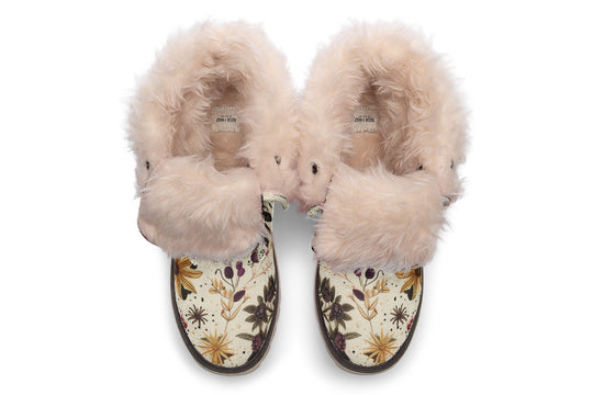 Enchanted Blossoms Fold Over Winter Boots - Microsuede Vegan Boots with Fur Lining and Convertible Style