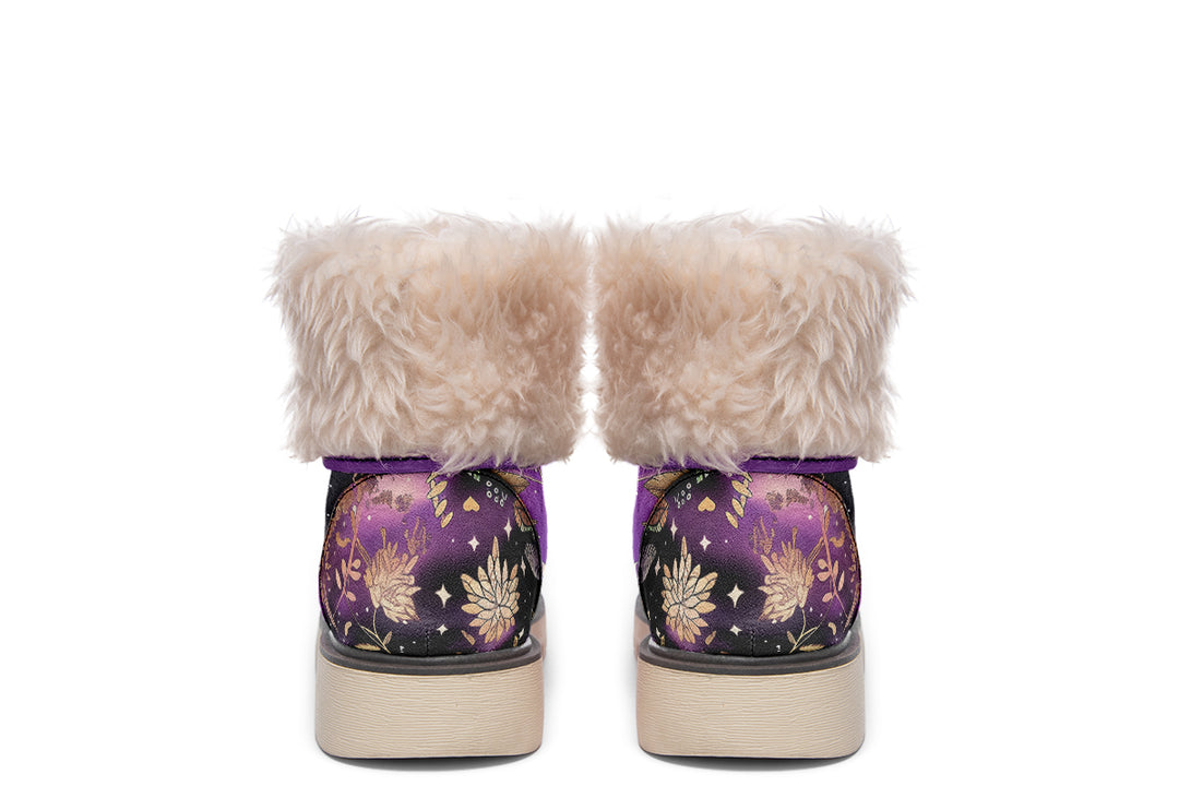 Galactic Bloom Fold Over Winter Boots - Microsuede Vegan Boots with Fur Lining and Convertible Style