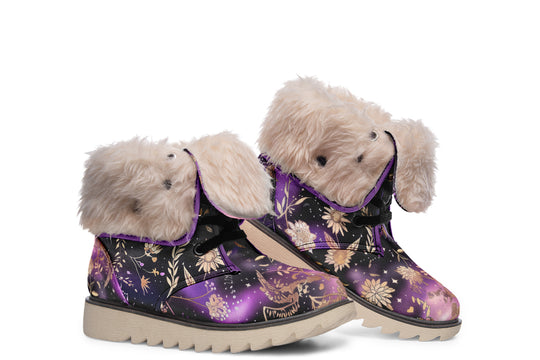 Galactic Bloom Fold Over Winter Boots - Microsuede Vegan Boots with Fur Lining and Convertible Style