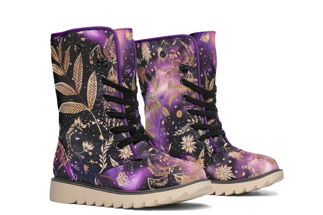 Galactic Bloom Fold Over Winter Boots - Microsuede Vegan Boots with Fur Lining and Convertible Style