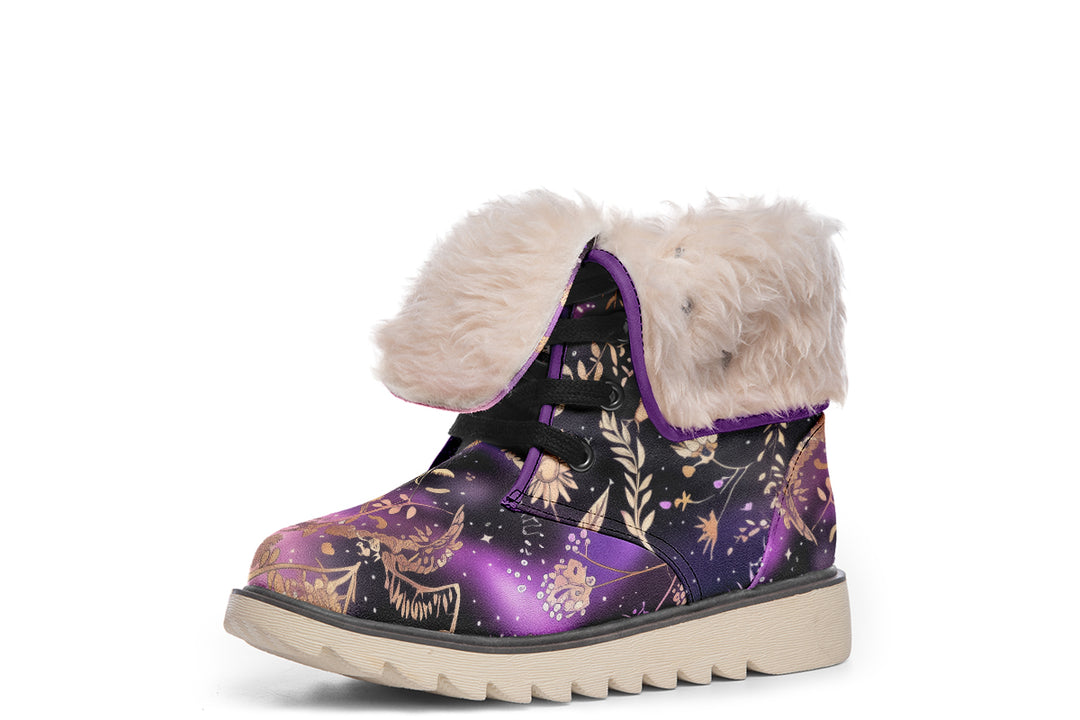 Galactic Bloom Fold Over Winter Boots - Microsuede Vegan Boots with Fur Lining and Convertible Style