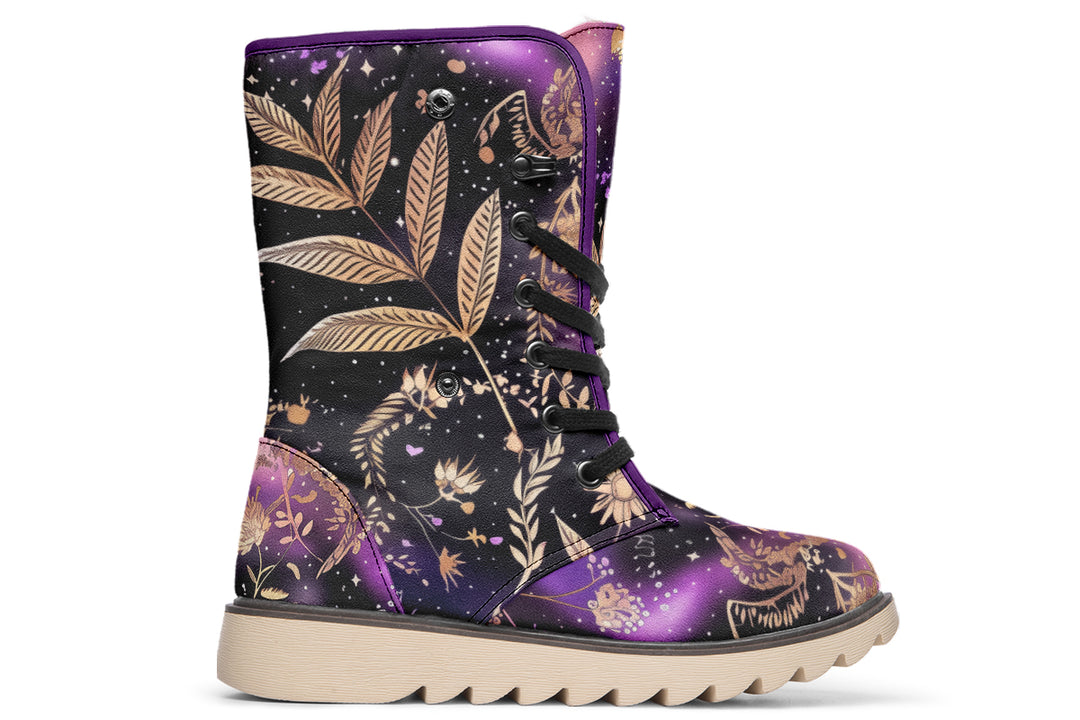 Galactic Bloom Fold Over Winter Boots - Microsuede Vegan Boots with Fur Lining and Convertible Style