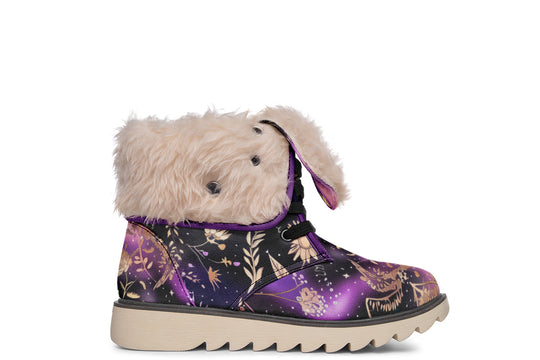 Galactic Bloom Fold Over Winter Boots - Microsuede Vegan Boots with Fur Lining and Convertible Style