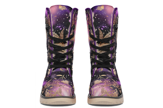 Galactic Bloom Fold Over Winter Boots - Microsuede Vegan Boots with Fur Lining and Convertible Style