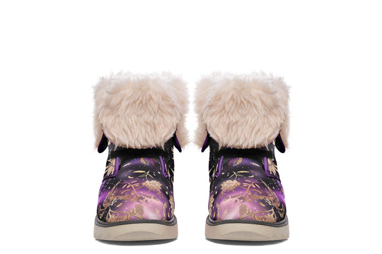 Galactic Bloom Fold Over Winter Boots - Microsuede Vegan Boots with Fur Lining and Convertible Style