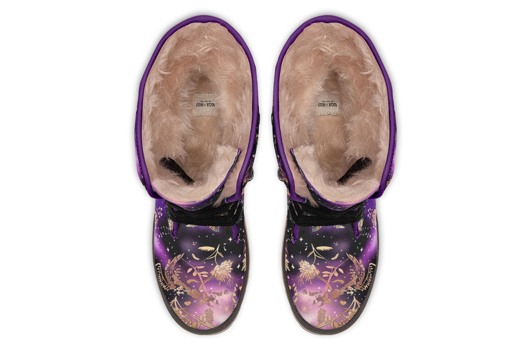 Galactic Bloom Fold Over Winter Boots - Microsuede Vegan Boots with Fur Lining and Convertible Style