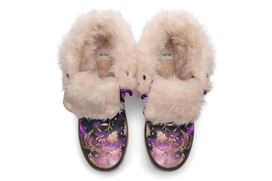 Galactic Bloom Fold Over Winter Boots - Microsuede Vegan Boots with Fur Lining and Convertible Style