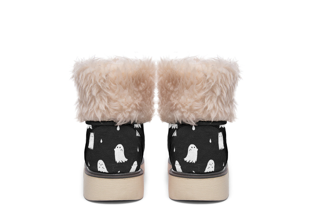 Ghost Party Fold Over Winter Boots - Microsuede Vegan Boots with Fur Lining and Convertible Style