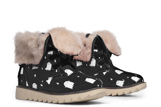 Ghost Party Fold Over Winter Boots - Microsuede Vegan Boots with Fur Lining and Convertible Style