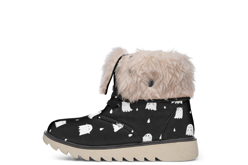 Ghost Party Fold Over Winter Boots - Microsuede Vegan Boots with Fur Lining and Convertible Style