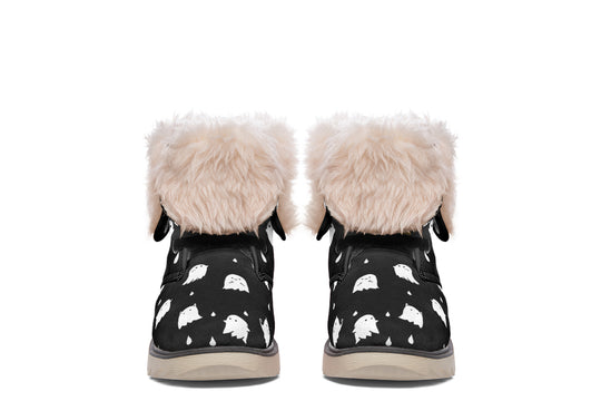 Ghost Party Fold Over Winter Boots - Microsuede Vegan Boots with Fur Lining and Convertible Style