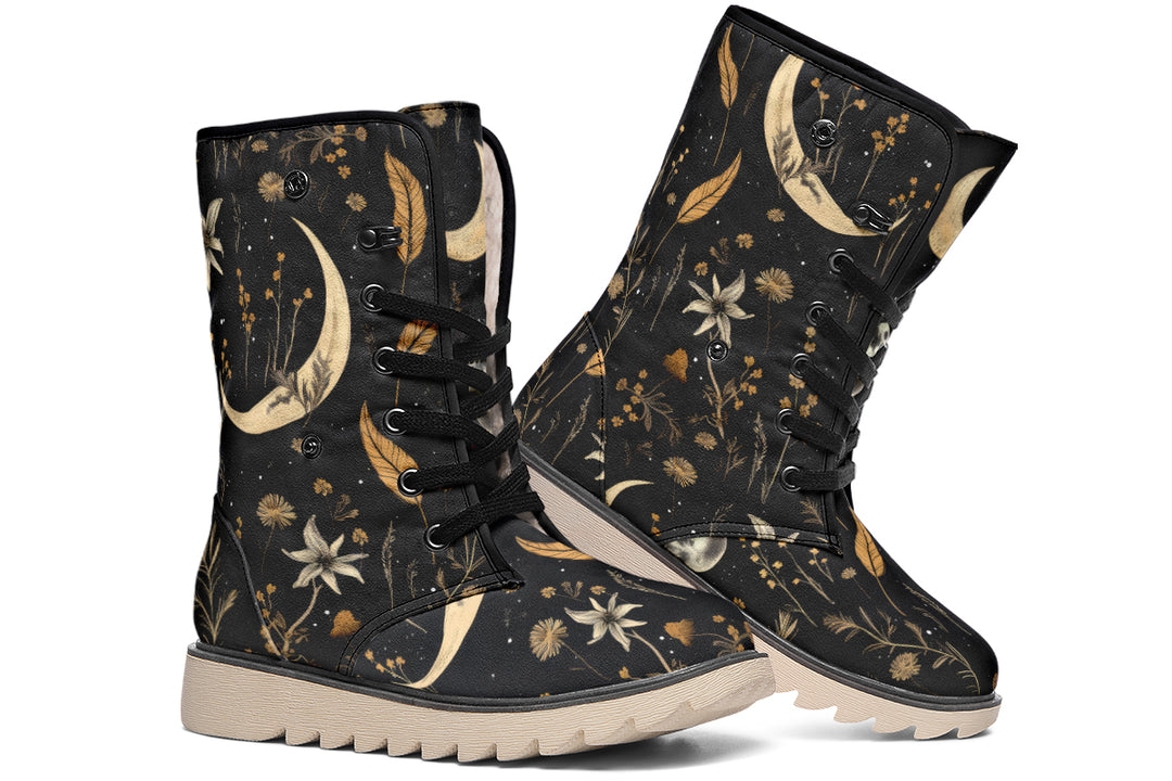 Moonlit Botanica Fold Over Winter Boots - Microsuede Vegan Boots with Fur Lining and Convertible Style