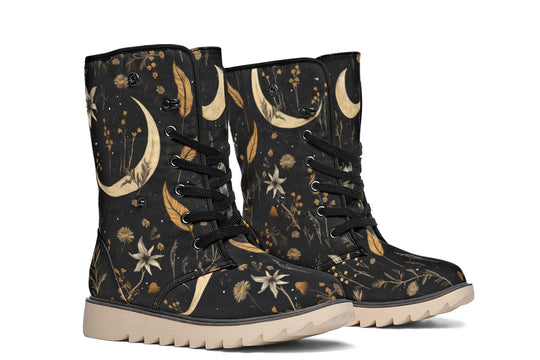 Moonlit Botanica Fold Over Winter Boots - Microsuede Vegan Boots with Fur Lining and Convertible Style