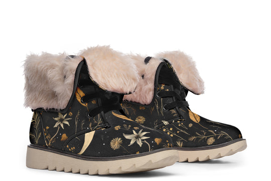 Moonlit Botanica Fold Over Winter Boots - Microsuede Vegan Boots with Fur Lining and Convertible Style