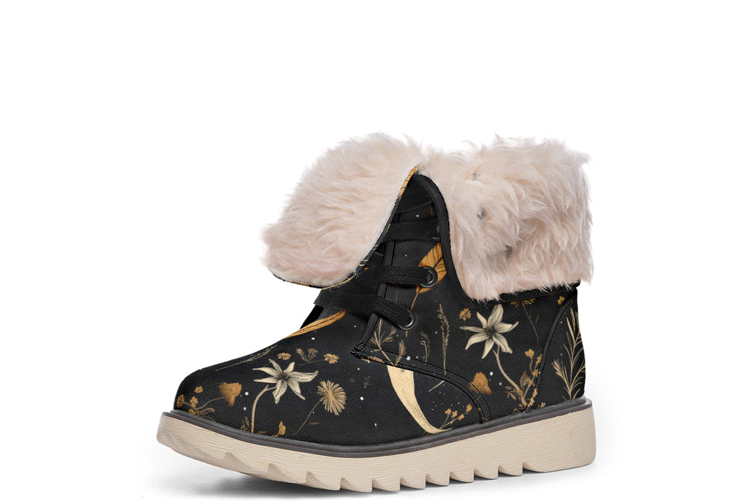 Moonlit Botanica Fold Over Winter Boots - Microsuede Vegan Boots with Fur Lining and Convertible Style