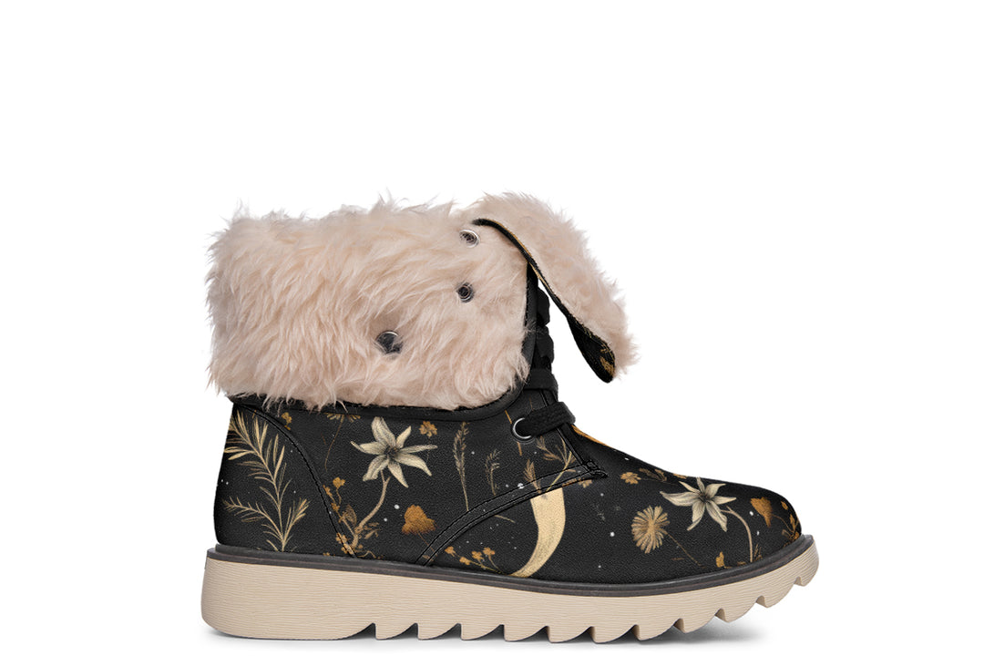 Moonlit Botanica Fold Over Winter Boots - Microsuede Vegan Boots with Fur Lining and Convertible Style