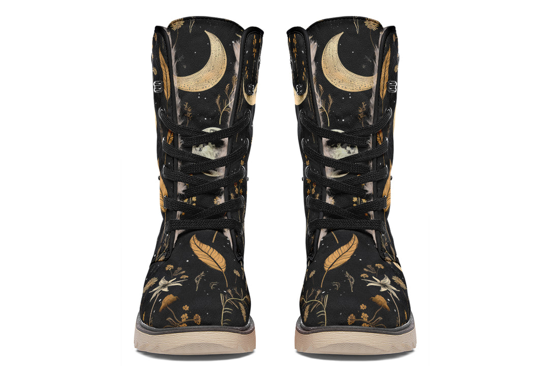 Moonlit Botanica Fold Over Winter Boots - Microsuede Vegan Boots with Fur Lining and Convertible Style