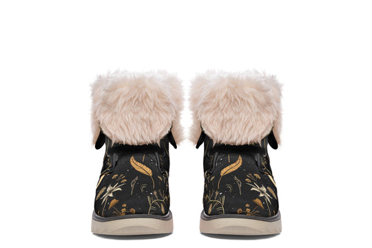 Moonlit Botanica Fold Over Winter Boots - Microsuede Vegan Boots with Fur Lining and Convertible Style