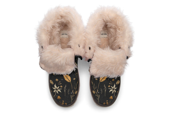 Moonlit Botanica Fold Over Winter Boots - Microsuede Vegan Boots with Fur Lining and Convertible Style