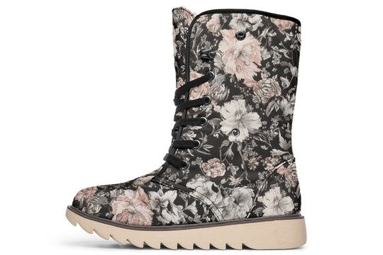 Vintage Peonies Fold Over Winter Boots - Microsuede Vegan Boots with Fur Lining and Convertible Style