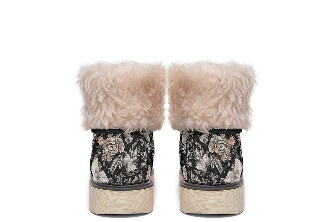 Vintage Peonies Fold Over Winter Boots - Microsuede Vegan Boots with Fur Lining and Convertible Style